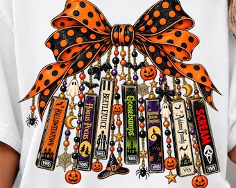 halloween vhs png, vintage horror movie png, halloween bow png, spooky movie night sublimation, retro halloween shirt design, horror lover