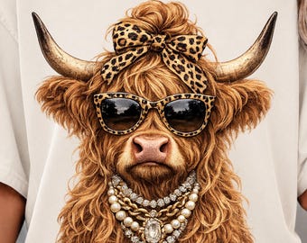 Highland Cow PNG, Glam Cow PNG, Leopard Print Highland Cow, Preppy Cow Sublimation Design, Sassy Cow Clipart, Western Cow PNG