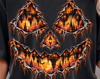 halloween pumpkin png, gothic haunted castle png, spooky jack o lantern sublimation, torn plaid pumpkin design, halloween shirt png