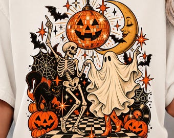vintage halloween disco png, dancing skeleton and ghost png, retro halloween sublimation, spooky disco ball shirt design,halloween party png