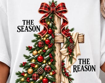 christmas cross png, christian christmas png, rustic wooden cross with christmas tree, plaid bow sublimation, religious holiday shirt design