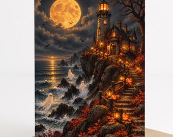 haunted lighthouse halloween card, spooky coastal ghost greeting card,gothic ocean halloween printable, moonlit lighthouse, 5x7 digital card