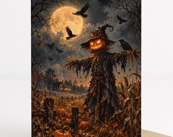 halloween scarecrow card, spooky pumpkin scarecrow greeting card, gothic halloween printable, haunted pumpkin patch, 5x7 digital card