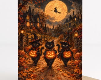halloween black cats card, cute witch cats halloween greeting card, spooky pumpkin kittens, vintage halloween printable, 5x7 digital card