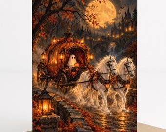 halloween pumpkin carriage card, ghost halloween greeting card, enchanted pumpkin coach, gothic halloween printable, spooky fantasy card