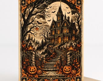vintage haunted house halloween card, gothic mansion printable, spooky halloween greeting card,victorian haunted house, 5x7 digital download