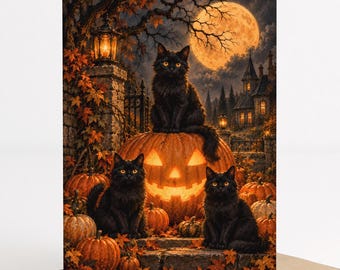 halloween black cat card, spooky cats and pumpkins greeting card, vintage gothic halloween printable, cute cat lover card, digital download