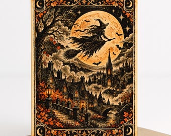 vintage witch halloween card, witch flying over moon printable, gothic halloween greeting card, spooky village art, 5x7 digital download