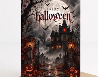 scary halloween card, haunted house halloween greeting card, gothic horror printable, spooky mansion full moon, 5x7 digital download