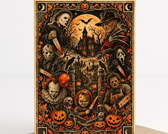 vintage horror halloween card, scary movie characters greeting card, retro slasher horror collage, gothic halloween printable card