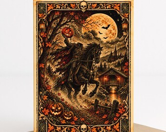 headless horseman halloween card, vintage sleepy hollow greeting card, gothic halloween printable, spooky horseman art, 5x7 digital download