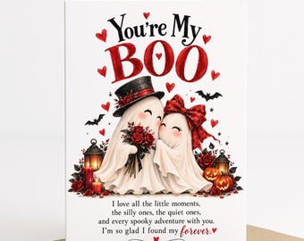you're my boo halloween card, romantic ghost couple greeting card, cute halloween love card for boyfriend girlfriend husband wife, 5x7 card