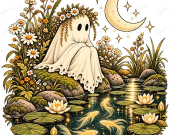 whimsical ghost png bundle, 4 cute halloween ghost designs, vintage floral ghost clipart, moonlit cottagecore spooky sublimation