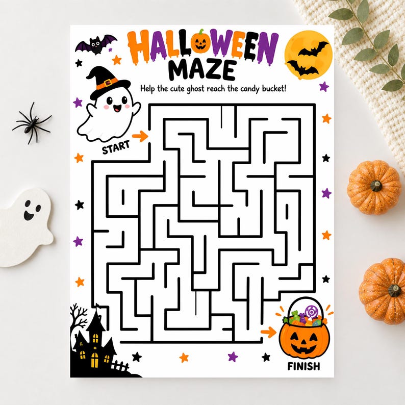 May include: A white Halloween maze activity sheet featuring a ghost in a witch hat, a black haunted house, a jack-o'-lantern candy bucket, and bats. The text reads HALLOWEEN MAZE, Help the cute ghost reach the candy bucket, START, and FINISH.