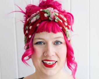 The Walkstoff Headband, red with roses, red white polka dots, warm headband, gift under 30, head wrap, felted