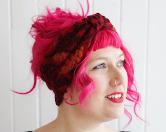 The Walkstoff Headband, felted Headband ‘Eleonor’, lava red with burgundy and burnt orange florals.