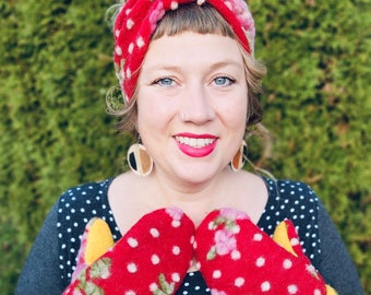 Mittens and headband combo. Red dots and roses. Red and yellow.