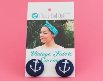 Vintage Fabric Stud Earrings: Navy blue with anchors.