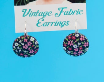 Vintage Fabric Dangly Earrings: Navy blue with tiny florals.