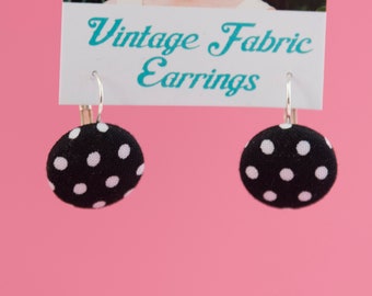 Vintage Fabric Dangly Earrings: Black and white polka dots.