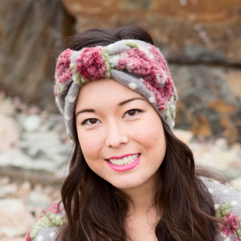 The Walkstoff Headband, gray felted headband, felt ear warmer, cozy ear warmer, grey with roses and dots, roses n polka dots, gift for her. image 3