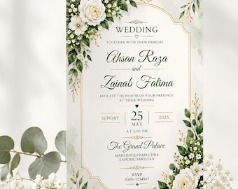 Green Floral Wedding Invitation, Elegant Gold Wedding Invite, White Botanical Wedding Card