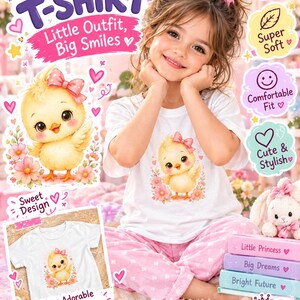 May include: A white short-sleeved t-shirt featuring a graphic of a yellow chick with a pink bow surrounded by pink flowers. The shirt is displayed alongside text that reads Cute Kids T-Shirt, Little Outfit, Big Smiles, and Sweet Design.