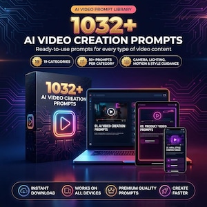 Op de afbeelding: Een digitaal productpakket getiteld 1032+ AI VIDEO CREATION PROMPTS met een doos, een laptop, een tablet en een smartphone die video-inhoud weergeven. Het ontwerp bevat neonpaarse en oranje accenten, circuitpatronen en tekst.