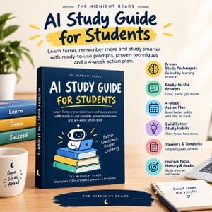 AI-studieguide för studenter | ChatGPT-uppmaningar för studier | Utskrivbar PDF-e-bok | Examensförberedelser, studieplaner och mallar | Digital nedladdning