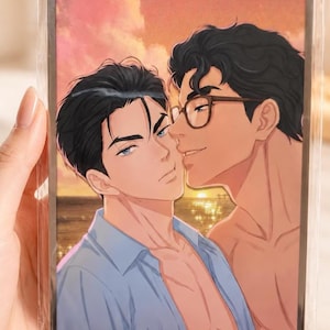 May include: A rectangular art print encased in a clear plastic sleeve featuring a digital illustration of two individuals at sunset. One individual wears a light blue button-down shirt, while the other wears glasses and is shirtless.
