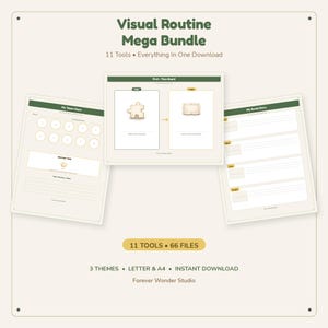 Può includere: Un pacchetto digitale Visual Routine Mega Bundle con 11 strumenti e 66 file. L'immagine mostra tre pagine stampabili: una tabella dei gettoni, una tavola Prima-Dopo con icone e un modello di storia sociale con intestazioni di colore verde.