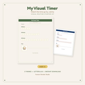 Może przedstawiać: Zestaw startowy rutyny My Visual Timer zawierający dwa arkusze do druku z sekcjami śledzenia czasu na 5, 10 i 15 minut, sekcją na zadania, etykietą 3+ oraz tekstem wskazującym na 3 motywy, formaty A4 i możliwość natychmiastowego pobrania.