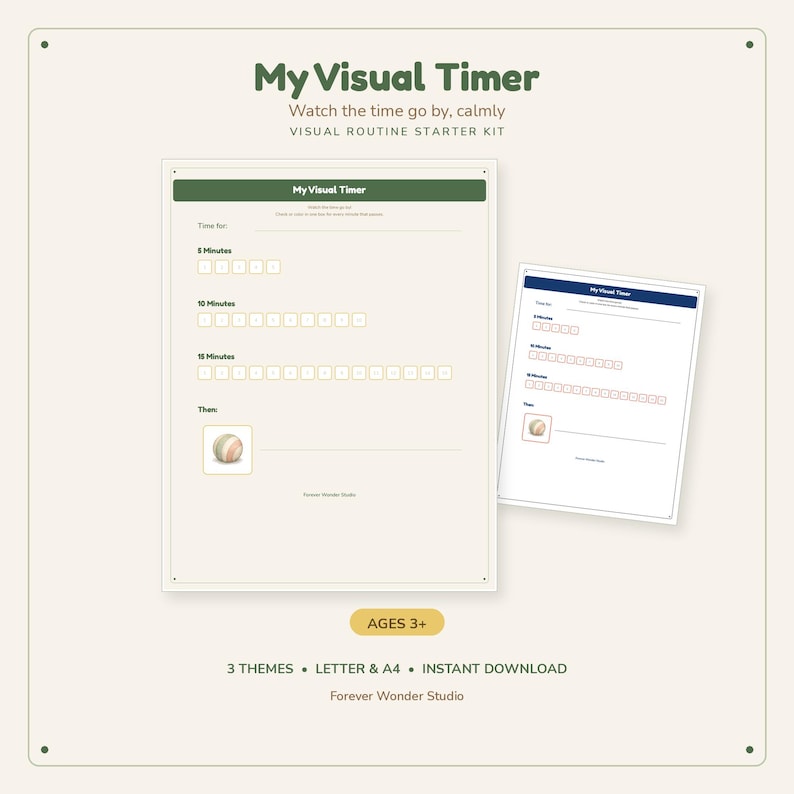 May include: A My Visual Timer routine starter kit featuring two printable sheets with time tracking sections for 5, 10, and 15 minutes, including a section for tasks, an Ages 3+ label, and text indicating 3 themes, Letter and A4 sizes, and instant download.