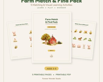 Farm Match & Find Printable Pack | Preschool Matching Activities | Ages 3-5 | Instant Download