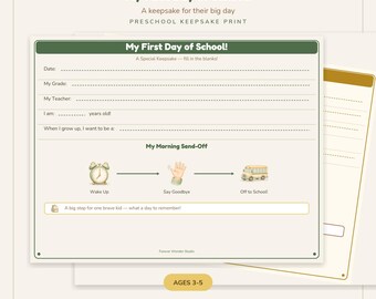 My First Day of School Keepsake Printable | Preschool Fill-In Memory Print, Ages 3-5 | 3 Themes, Letter and A4
