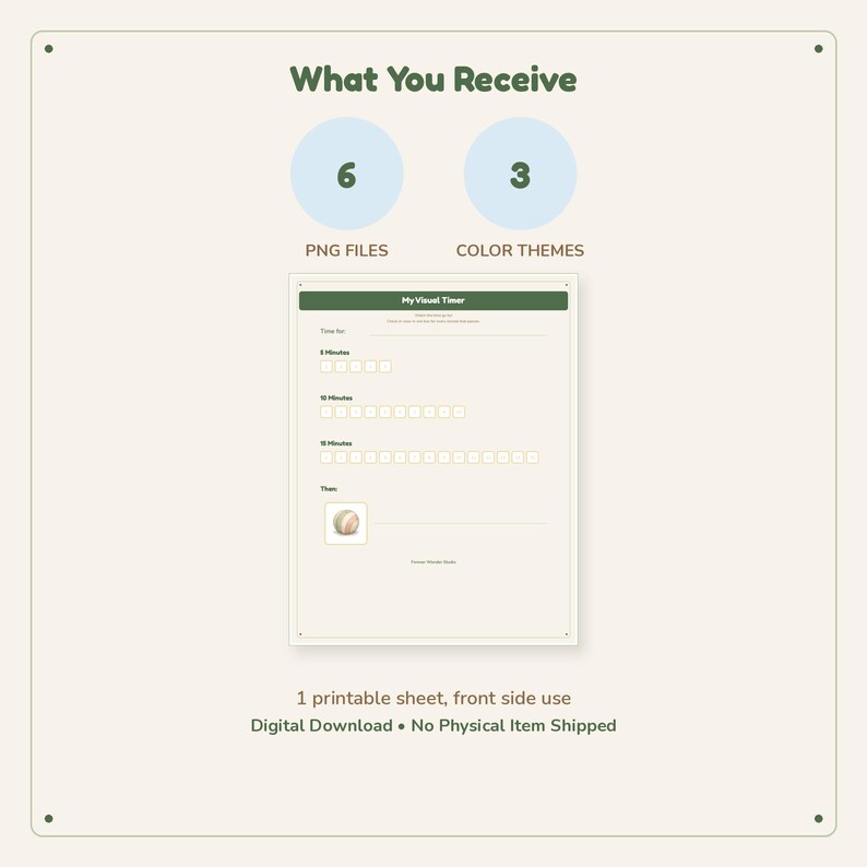 May include: A digital download featuring a My Visual Timer printable sheet with sections for 5, 10, and 15 minutes, including rows of empty square checkboxes, a small circular icon, and text indicating 6 PNG files and 3 color themes are included.