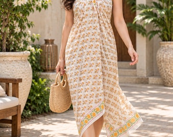Women’s Hand Block Printed Cotton Midi Dress | Sleeveless Boho Summer Dress | Handmade Ethnic Floral Dress | Resort Wear.