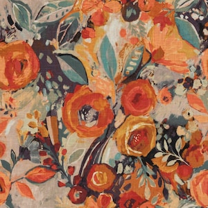 Orange Blue Floral Upholstery Fabric - Modern Floral Drapery Fabric - Coral Stain Resistant Fabric - Aqua Orange Curtain Fabric -  SP 163