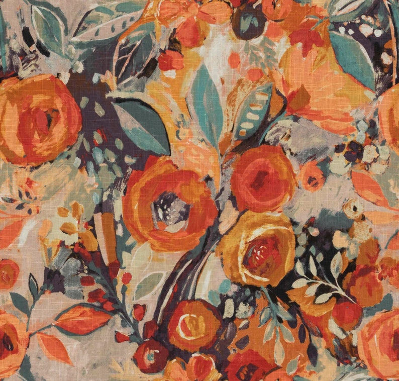 Orange Blue Floral Upholstery Fabric Modern Floral Drapery Etsy