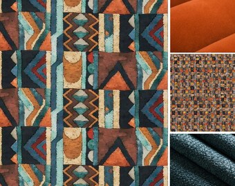 Navy Blue Orange Abstract Linen Fabric - Solid Orange Velvet for Furniture - Stain Resistant Orange Tweed For Sofas and Chairs - Solid Blue