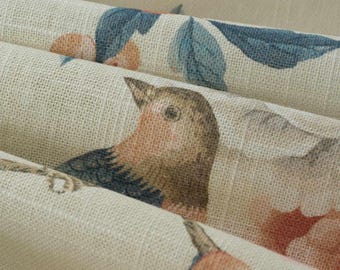 Coral Blue Linen Upholstery Fabric - Multicolor Bird Fabric for Drapery and Roman Shades - SP 962