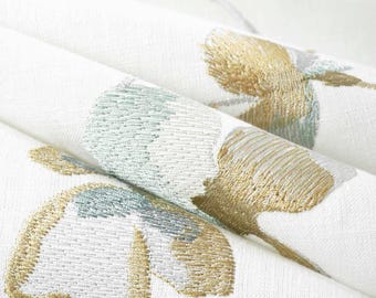Light Blue Embroidered Fabric - Multicolored Embroidered Curtain  and Roman Shade Fabric - Gold Blue Crewel Fabric for Pillows -   SP 167