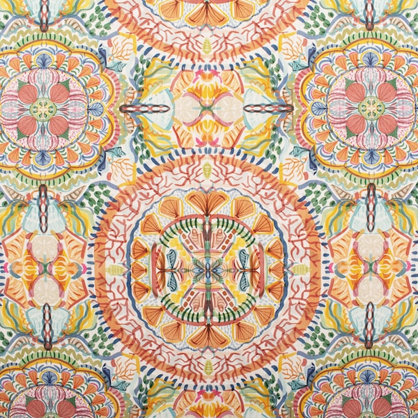 Orange Blue Upholstery Fabric - Multicolored Medallion Fabric for Furniture and Window Treatments - Pink Green Fabric - SP 151