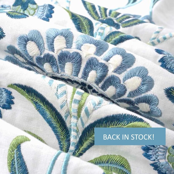 Blue Floral Embroidered Designer Fabric for Curtains and Roman Shades - Large Scale Crewel Drapery Fabric - Blue Green Fabric - SP 641