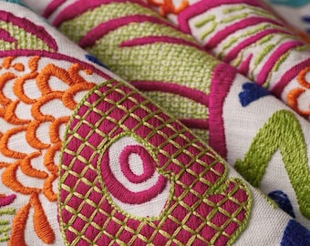 Tela bordada naranja marino con diseño de peces exóticos - Tela para cortina y estores romanos azul aguamarina - Tela moderna verde lima rosa SP 179