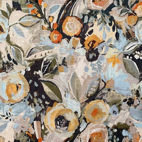 Blue Orange Floral Upholstery and Drapery Fabric Light Blue Floral