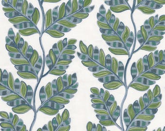 May include: A white fabric featuring a repeating pattern of vertical fern fronds. The leaves are rendered in shades of bright green, muted sage, and slate blue, with each leaf segment displaying a distinct striped texture and dark outlines.