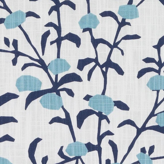 Blue Floral Upholstery Drapery Fabric Modern Navy Blue White Etsy