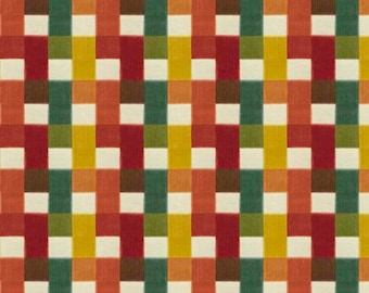 May include: A textile fabric featuring a repeating geometric pattern of vertical and horizontal woven bands. The design consists of alternating rectangular blocks in shades of deep red, forest green, mustard yellow, brown, and off-white cream.