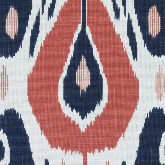 Navy Blue Coral Ikat Upholstery Fabric Large Scale Blue Etsy